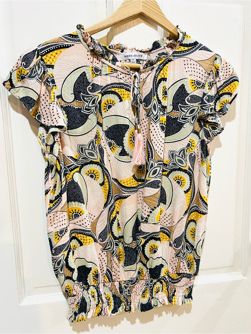 Rose + Olive Pink Paisley Flutter Sleeve Tassel Boho Top Smocked Waist Size S